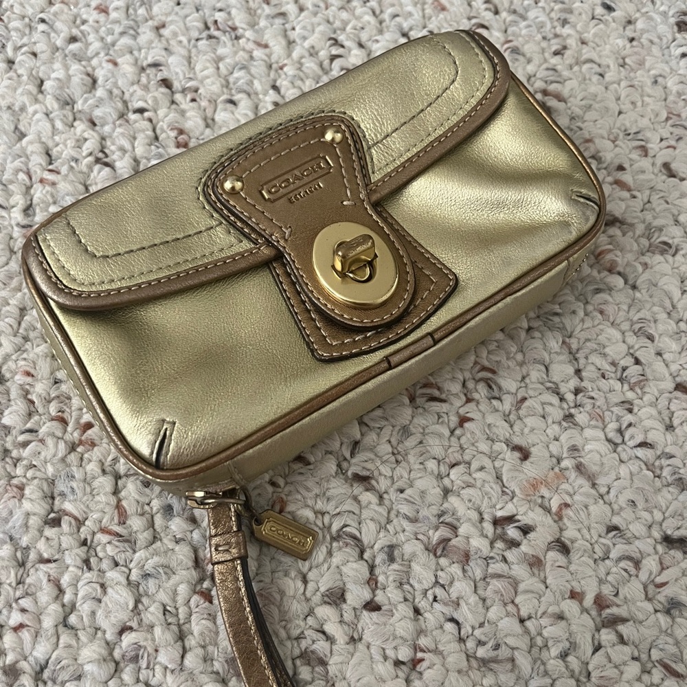 Coach Metallic Gold Leather 65th Ann. Zip Around Travel Jewelry Holder
